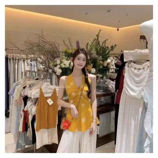 Vapetix S-XL  Cotton Linen 2025 Summer New Style Dopamine Vacation Style Sleeveless V-Neck Embroidered Kink Neck