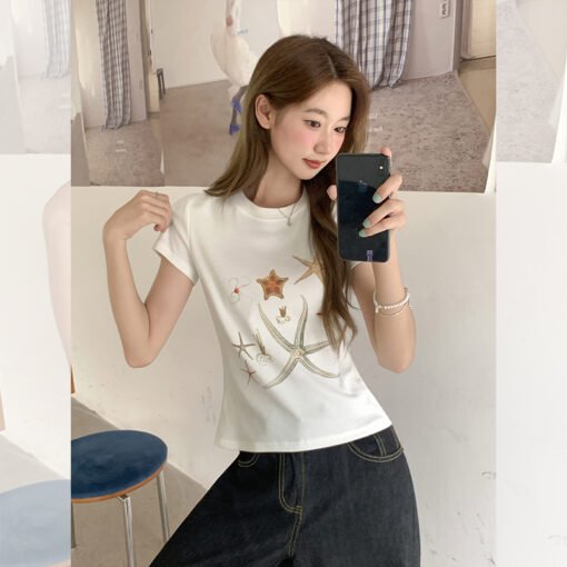 Vapetix S-L  Photographed in 2025 Unique Starfish Print Short-Sleeve T-Shirt for Women - Summer New Arrival Roun – Bild 6