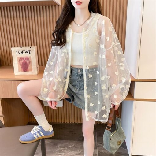 Vapetix M-2XL  Photographed Quality/Cap Sleeve Lace Embroidery Zipper Thin Cardigan Air Conditioning Shirt Sun Pro - Obrázek 3