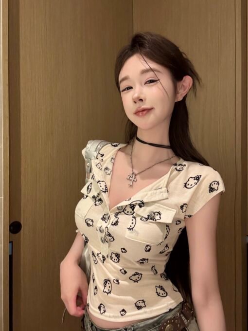 Vapetix S-XL  Pure Spice Girl Kitten Printed Design Sense Half Open Collar Button Sexy Tight Waist Slimming Short – Bild 5