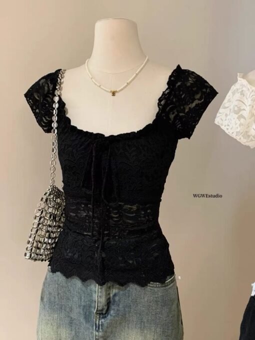 Vapetix Free Size-Free Size  ~Fashion Retro Lace Crochet Square Collar Tie T-Shirt Pure Desire Waist Cinching Slimming Unisex Sh - Obrázek 8