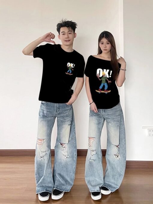 Vapetix S-3XL  [220g Combed Cotton] Different Couple Dress High-end Sense Niche Don't Hit Slant Shoulder Slim Shor - Kép 3