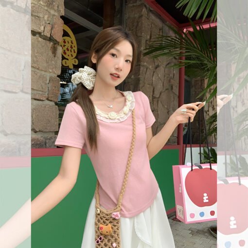 Vapetix S-L  Actual Lace Edge Pink Short Sleeve T-Shirt for Women 2025 Summer New Arrival Super Unique and Versa - Obrázek 7