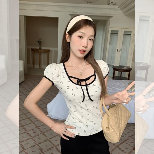 Vapetix S-XL  Pure Desire U-Neck Tie-Dye Floral Short-Sleeve Women's Regular Shoulder T-Shirt Summer New Slimming