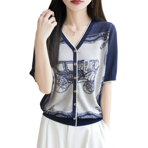 Vapetix M-XL  Vintage Brocade Lyocell Tencel V-Neck Knit Cardigan Short-Sleeve Women's Summer New Arrival Thin Ca