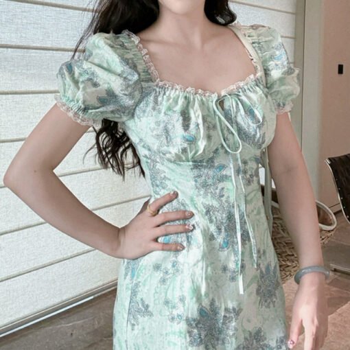 Vapetix S-XL  P.tre "Tusca Morning Dew" Pure linen slimming romantic French dress 2025 summer new tea