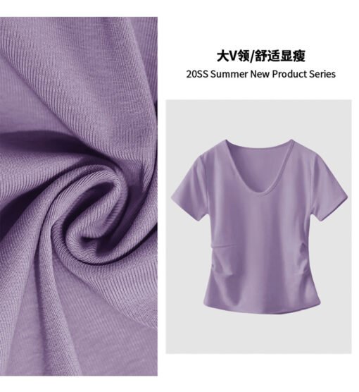 Vapetix M-XXXL  White V-neck Short-sleeve T-shirt for Women - 2025 New Design Fitted Waist with Pleated Texture and