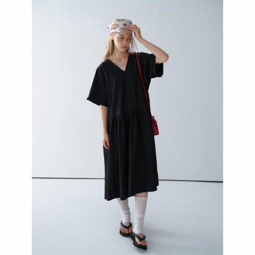 Vapetix Free Size-Free Size  【Daihe】Summer New Casual V-Neck Bamboo Node Tencel Loose Split Long Dress H8987