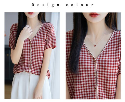 Vapetix M-XL  Korean-style Lyocell Tencel Knitted Short-Sleeve Summer New Checkered Fashion Matchable V-Neck Top