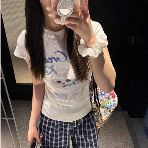 Vapetix S-XL  Butterfly Knot Cat Print Short-Sleeve T-Shirt for Women - Summer 2025 New Arrival Cute Personality