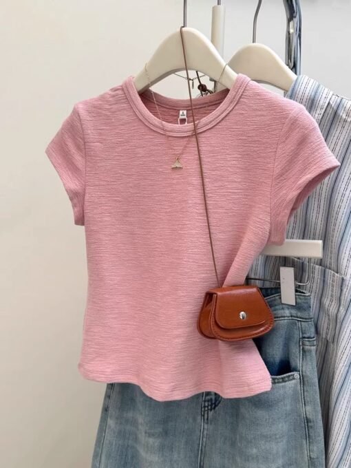 Vapetix S-XL  Texture pleated short-sleeve women's summer Korean-style slim fit top for layering or wearing alone