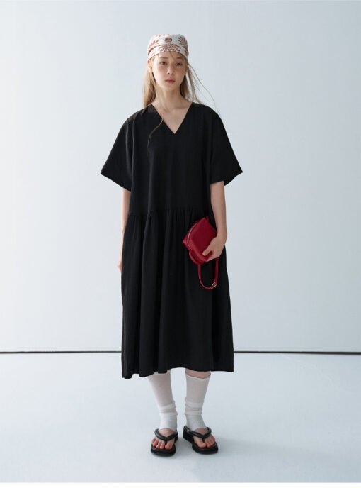 Vapetix Free Size-Free Size  【Daihe】Summer New Casual V-Neck Bamboo Node Tencel Loose Split Long Dress H8987 - Kép 2