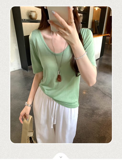 Vapetix S-L  Laycel Tencel Elegant Straight Shoulder U-Neck Short Sleeve T-Shirt for Women - 2025 Summer Basic S