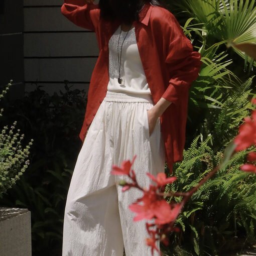 Vapetix S-L  Palm cinnabar mole ultra-fine ramie retro transparent summer limited elegant thin shirt