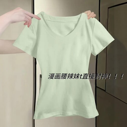 Vapetix S-L  V-neck, straight shoulder, short-sleeved t-shirt for women, summer thin style 2025 new slimming wai