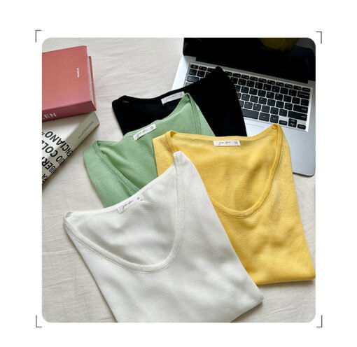 Vapetix S-L  Laycel Tencel Elegant Straight Shoulder U-Neck Short Sleeve T-Shirt for Women - 2025 Summer Basic S - Pilt 2