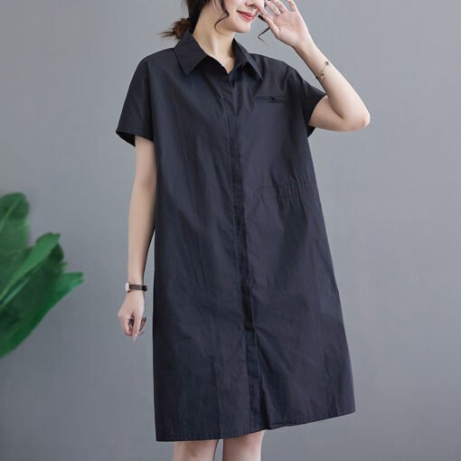 Vapetix L-2XL  New summer literary loose solid color lapel short-sleeved dress for women's mid-length shirt skirt
