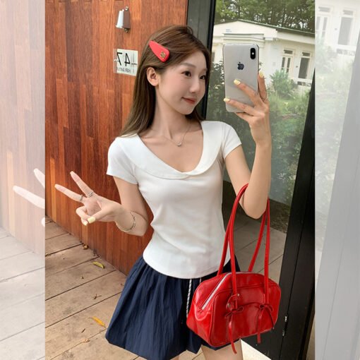 Vapetix S-XL  White Polo Collar Short Sleeve T-Shirt for Women 2025 Summer New Slim Waistband Slimming Top - Pilt 3