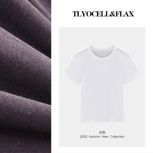 Vapetix M-XXXL  Round Neck T-shirt for Women with Tencel and Linen Blend, Short Sleeve, 25th Summer, Regular Should