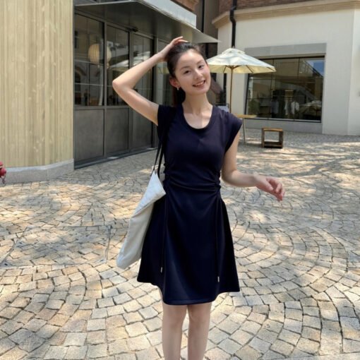 Vapetix S-M  DIGM Minimalist Criss-Cross Belted Waist Short Skirt 2025 Spring U-Neck Drawstring Short-Sleeve Dre