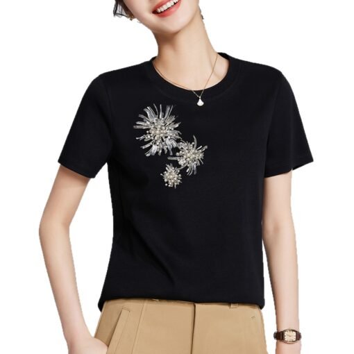 Vapetix M-XXXL  Heavy Industry 2025 Summer New Fashion Embroidered Bead Round Neck Short Sleeve Top Casual Matchabl