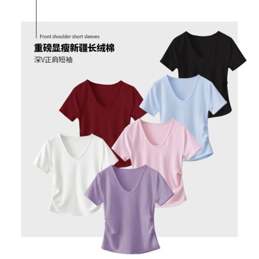 Vapetix M-XXXL  White V-neck Short-sleeve T-shirt for Women - 2025 New Design Fitted Waist with Pleated Texture and - Pilt 2