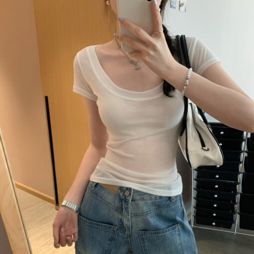Vapetix S-XL  Thin Pure Desire U-neck Straight Shoulder Short-sleeved T-shirt Women 2025 Summer Solid Color Slimm