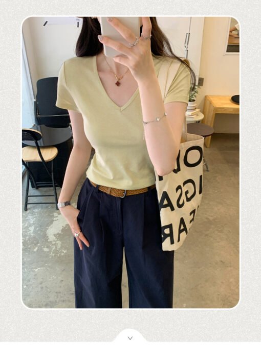 Vapetix S-XL  Simple white temperament V-neck straight shoulder short-sleeved T-shirt women's summer basic versat - Kép 3