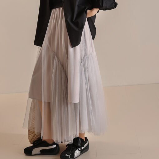 Vapetix M-L  Spring and summer women's Jiangnan mesh stitching elastic waist skirt irregular mid-length mesh ski