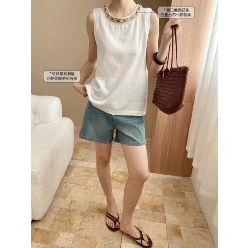 Vapetix M-L  Sinan Style Island Linen Blend Ethnic Style Woven Beaded Round Neck Temperature Sleeveless Vest SN7 - Obrázek 3
