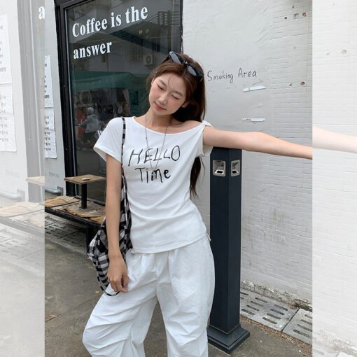 Vapetix S-L  Sweet and spicy girl sexy off-shoulder oblique collar letter print design short-sleeved T-shirt wom
