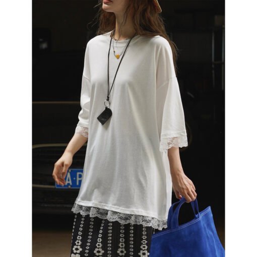 Vapetix Free Size-Free Size  Summer New Louvre Korean Relaxed Design Lace Splicing T-shirt for Women, Soft and Comfortable, Loos - Pilt 2