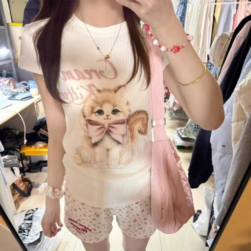 Vapetix S-XL  Butterfly Knot Cat Print Short-Sleeve T-Shirt for Women - Summer 2025 New Arrival Cute Personality – Bild 2