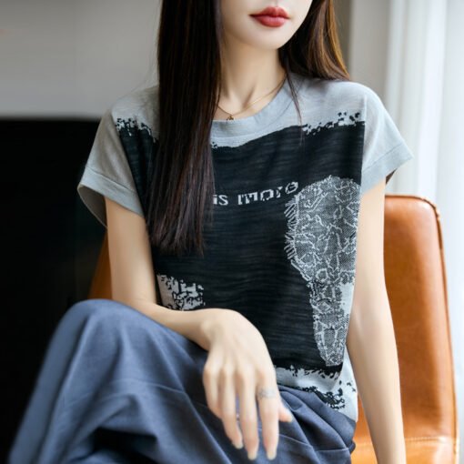 Vapetix M-XXL  Artistic Contrast Color Letter Embroidered Short Sleeve Women's Sleeveless Small Flying Sleeve Summ - Pilt 3