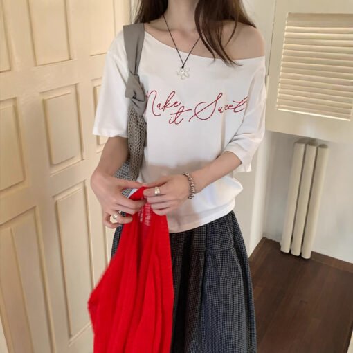 Vapetix S-M  Lazily Off-the-Shoulder Short-Sleeve Women's T-Shirt Summer 2025 New Korean Style Loose and Slimmin