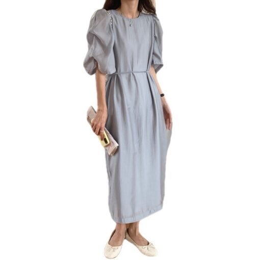 Vapetix Universal code-Universal code  Chic French niche gentle pleated palace puff sleeve solid color loose lace round neck rear slit dre