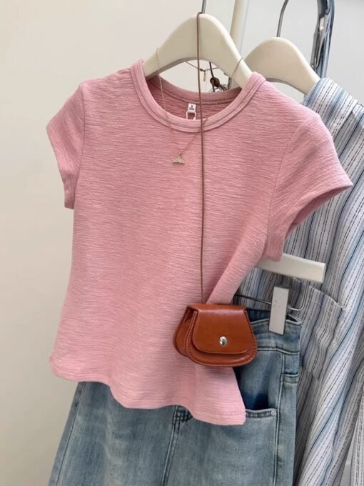 Vapetix S-XL  Texture pleated short-sleeve women's summer Korean-style slim fit top for layering or wearing alone - Pilt 3
