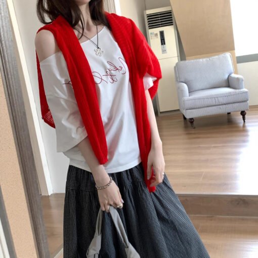 Vapetix S-M  Lazily Off-the-Shoulder Short-Sleeve Women's T-Shirt Summer 2025 New Korean Style Loose and Slimmin - Pilt 2