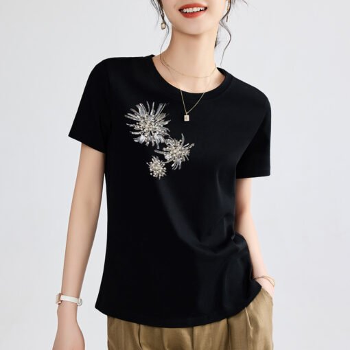 Vapetix M-XXXL  Heavy Industry 2025 Summer New Fashion Embroidered Bead Round Neck Short Sleeve Top Casual Matchabl - Pilt 2