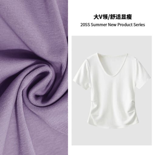 Vapetix M-XXXL  White V-neck Short-sleeve T-shirt for Women - 2025 New Design Fitted Waist with Pleated Texture and - Pilt 3