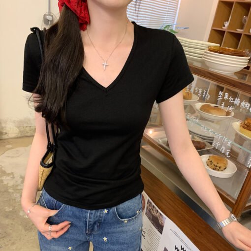 Vapetix S-XL  Simple white temperament V-neck straight shoulder short-sleeved T-shirt women's summer basic versat - Kép 4