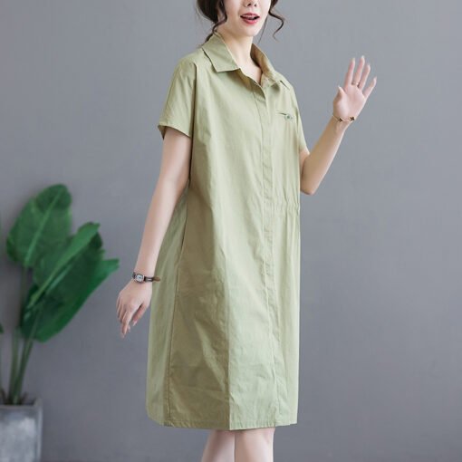 Vapetix L-2XL  New summer literary loose solid color lapel short-sleeved dress for women's mid-length shirt skirt - Pilt 2