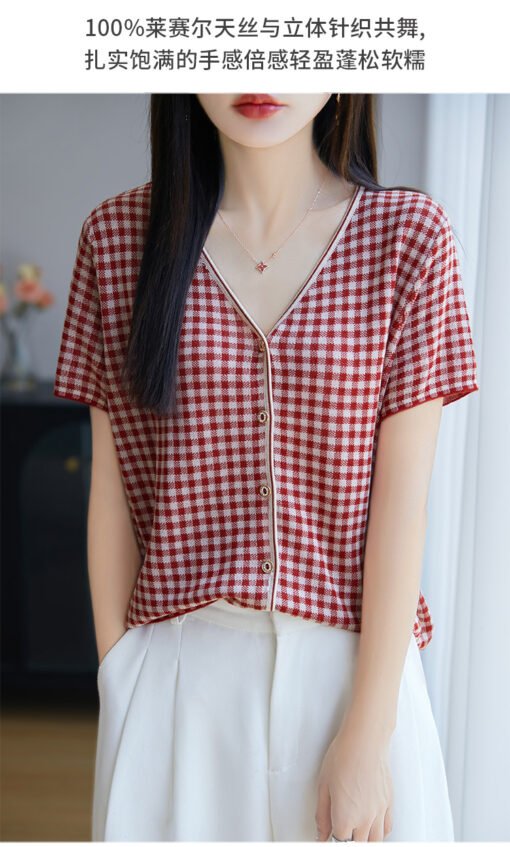 Vapetix M-XL  Korean-style Lyocell Tencel Knitted Short-Sleeve Summer New Checkered Fashion Matchable V-Neck Top - Pilt 2