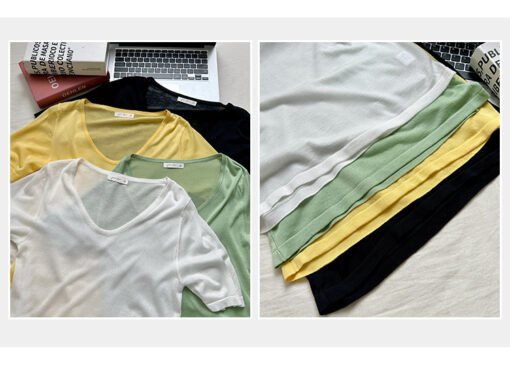 Vapetix S-L  Laycel Tencel Elegant Straight Shoulder U-Neck Short Sleeve T-Shirt for Women - 2025 Summer Basic S - Pilt 3