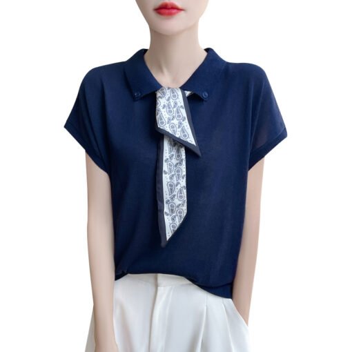 Vapetix M-XL  Women's Fashionable Short-Sleeve Summer Silk Knit Shirt with Collar and Silk Scarf Design, Stylish