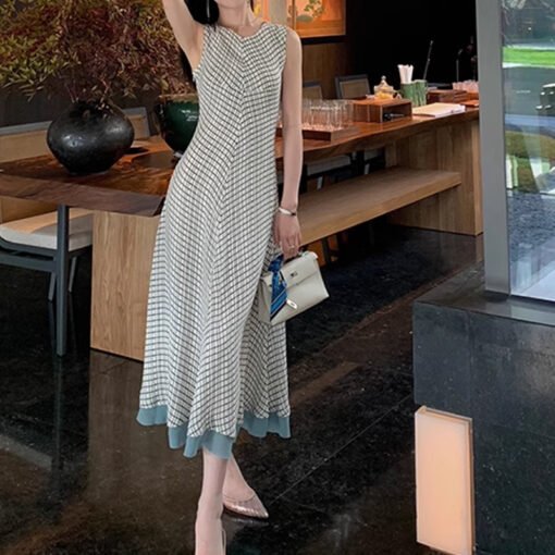 Vapetix 34-38  ASM A checked contrast dress with high-end French temperament summer fashion women's white waist-hu