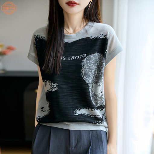 Vapetix M-XXL  Artistic Contrast Color Letter Embroidered Short Sleeve Women's Sleeveless Small Flying Sleeve Summ - Pilt 4