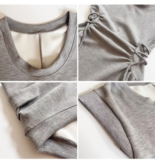 Vapetix S-M  DIGM Minimalist Criss-Cross Belted Waist Short Skirt 2025 Spring U-Neck Drawstring Short-Sleeve Dre - Billede 2