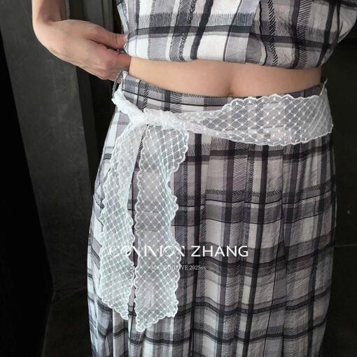 Vapetix S-L  CZ ZHANG Summer Korean Niche Lace Lace Hip Cover Low Waist Plaid Stripe A- line Skirt B24678 - 图片 4
