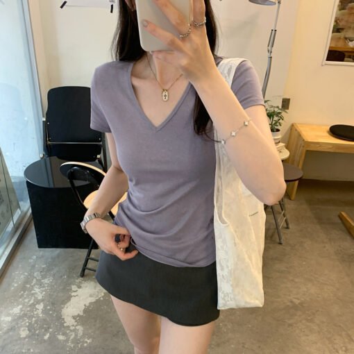 Vapetix S-XL  Simple white temperament V-neck straight shoulder short-sleeved T-shirt women's summer basic versat - Kép 5